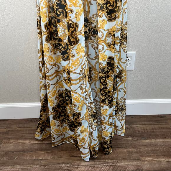 Powder Blue Gold Chiffon Baroque Sleeveless Open Back V-Neck Maxi Dress Med New - Picture 11 of 15